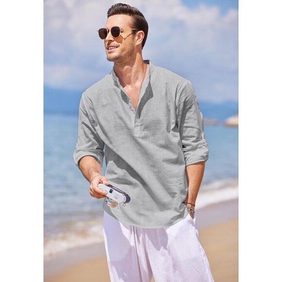 Men's Cotton Linen Henley Shirt Long Sleeve Casual Beach T Shirts Gray - Picture 2 of 7